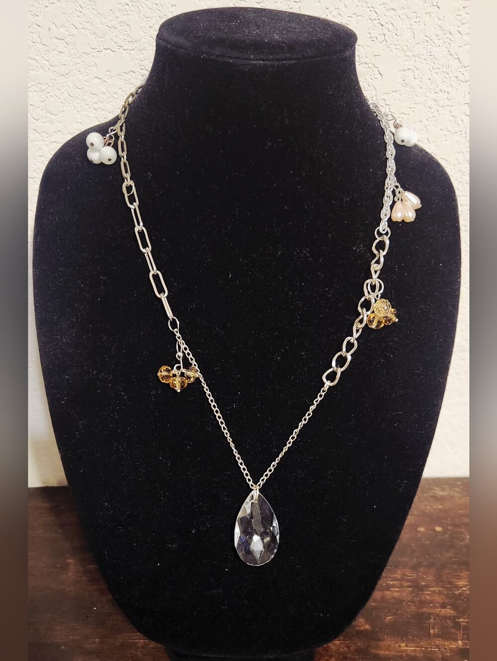Silver Chain Necklace with Clear Teardrop Pendant and Pearl Accents